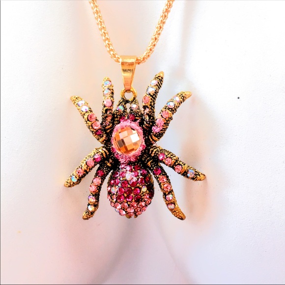 Bronze & Pink Crystal Spider Pendant Necklace, NWT - Picture 4 of 6